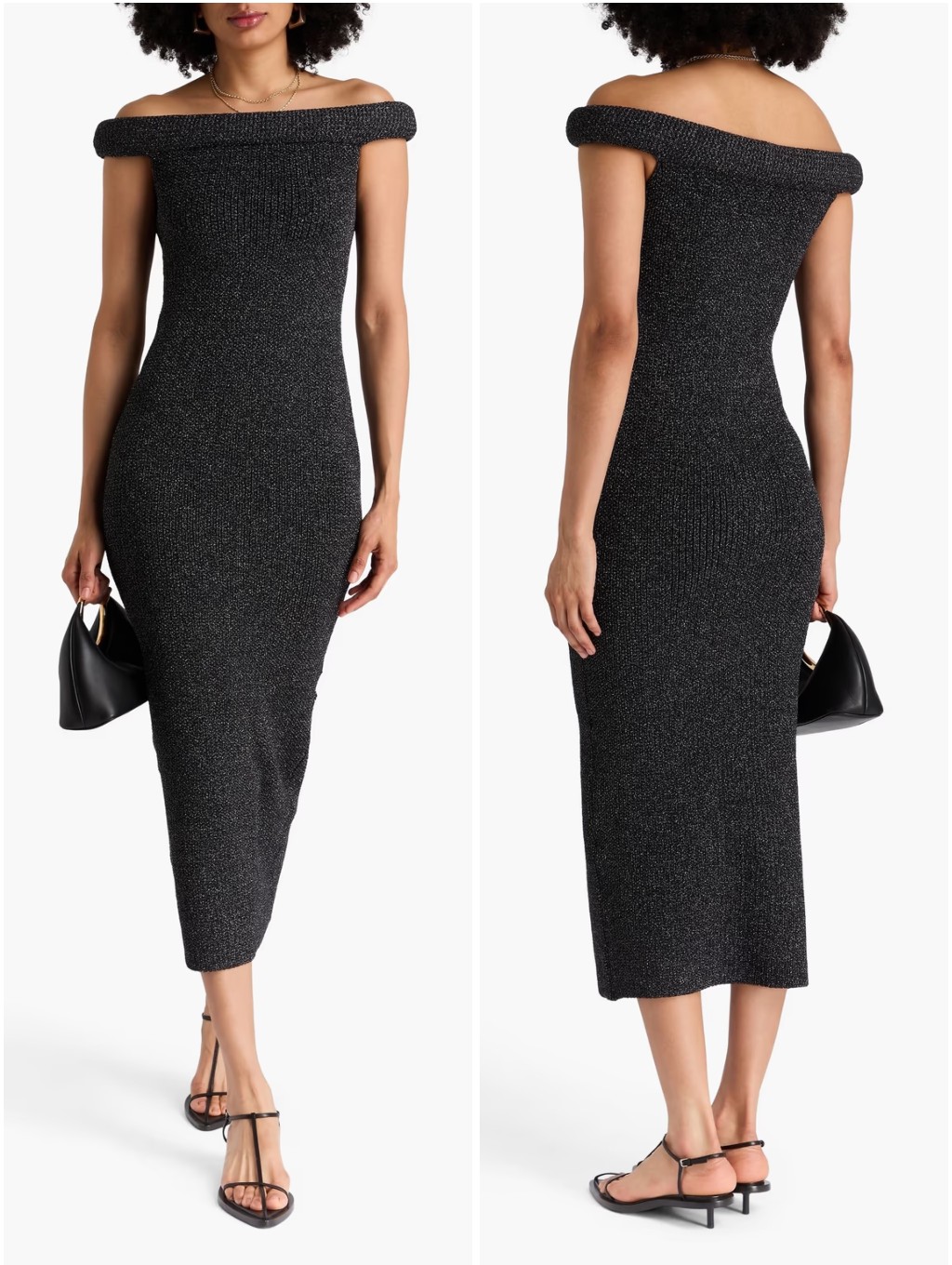 Toteme Lurex Blend Off Shoulder Roll Knit Midi Dress Black Medium Nwt New